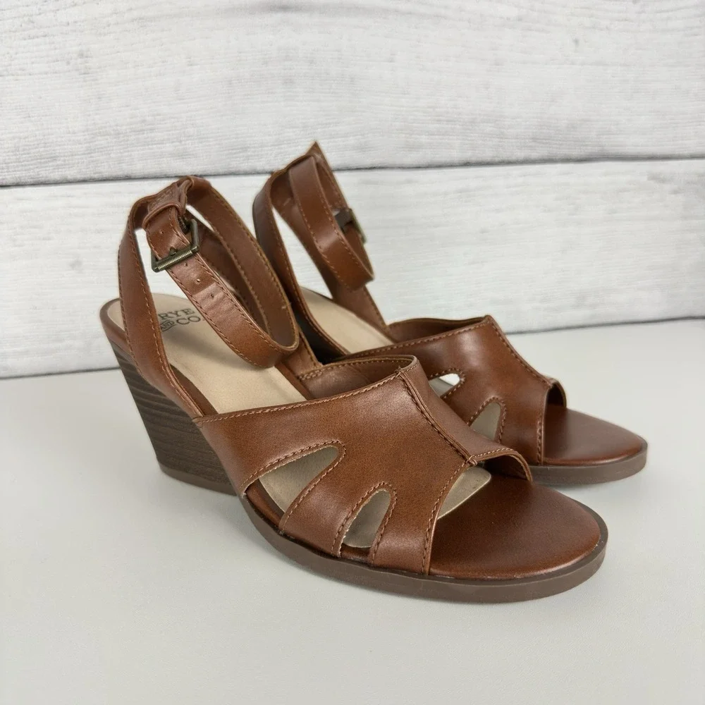 Frye and Co. Women's Brown Gelsey Heeled Open Toe Sandals Size 6.5 Vegan Leather